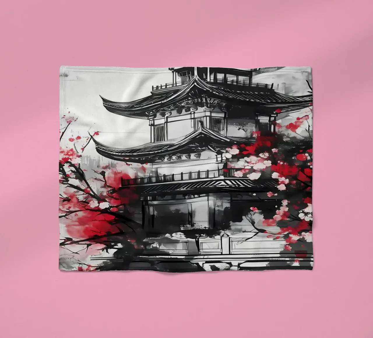 Japanese Cherry Pagoda fleece blanket by Rebecca Clark Wyrick