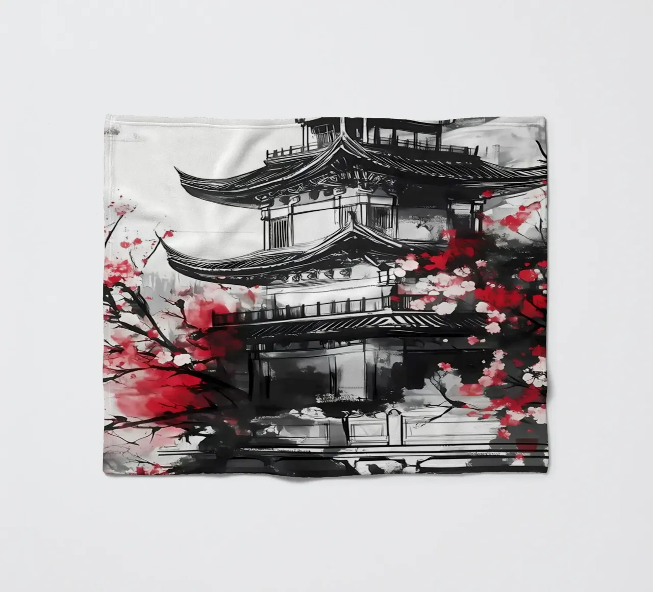 Japanese Cherry Pagoda fleece blanket by Rebecca Clark Wyrick