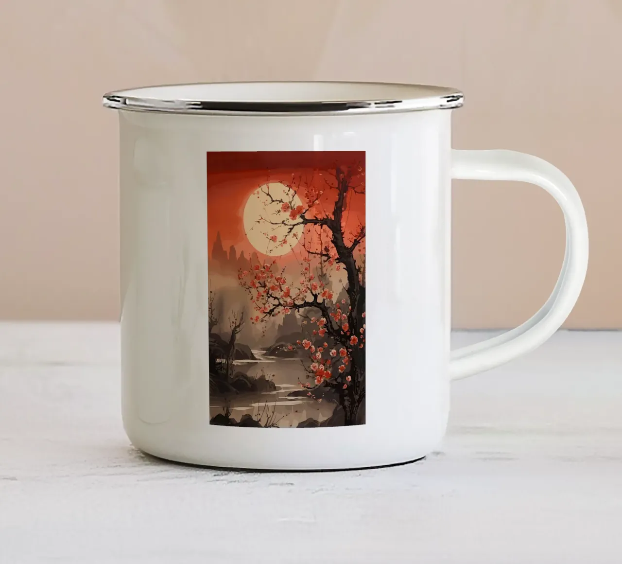 Paesaggio giapponese dipinto tazza in smalto da Rebecca Clark Wyrick