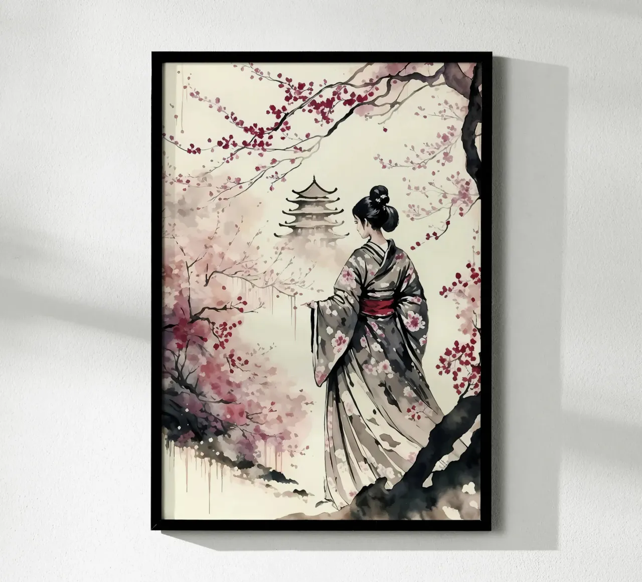 Fiori di ciliegio geisha poster con telaio in plastica da Rebecca Clark Wyrick