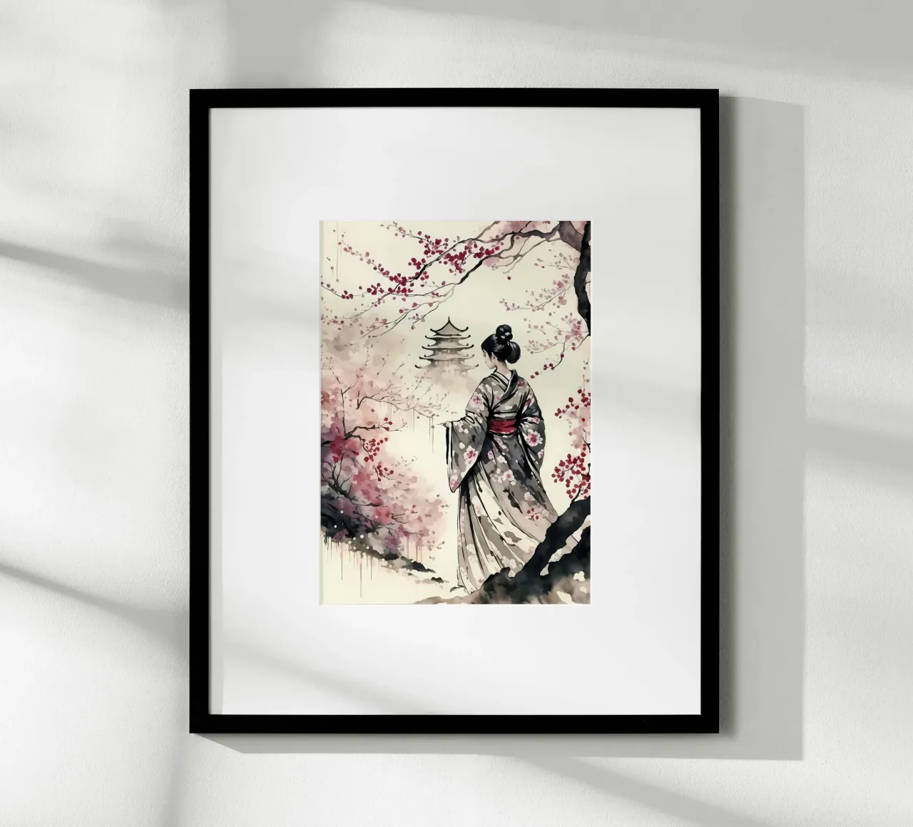 Fiori di ciliegio geisha poster con telaio in plastica da Rebecca Clark Wyrick