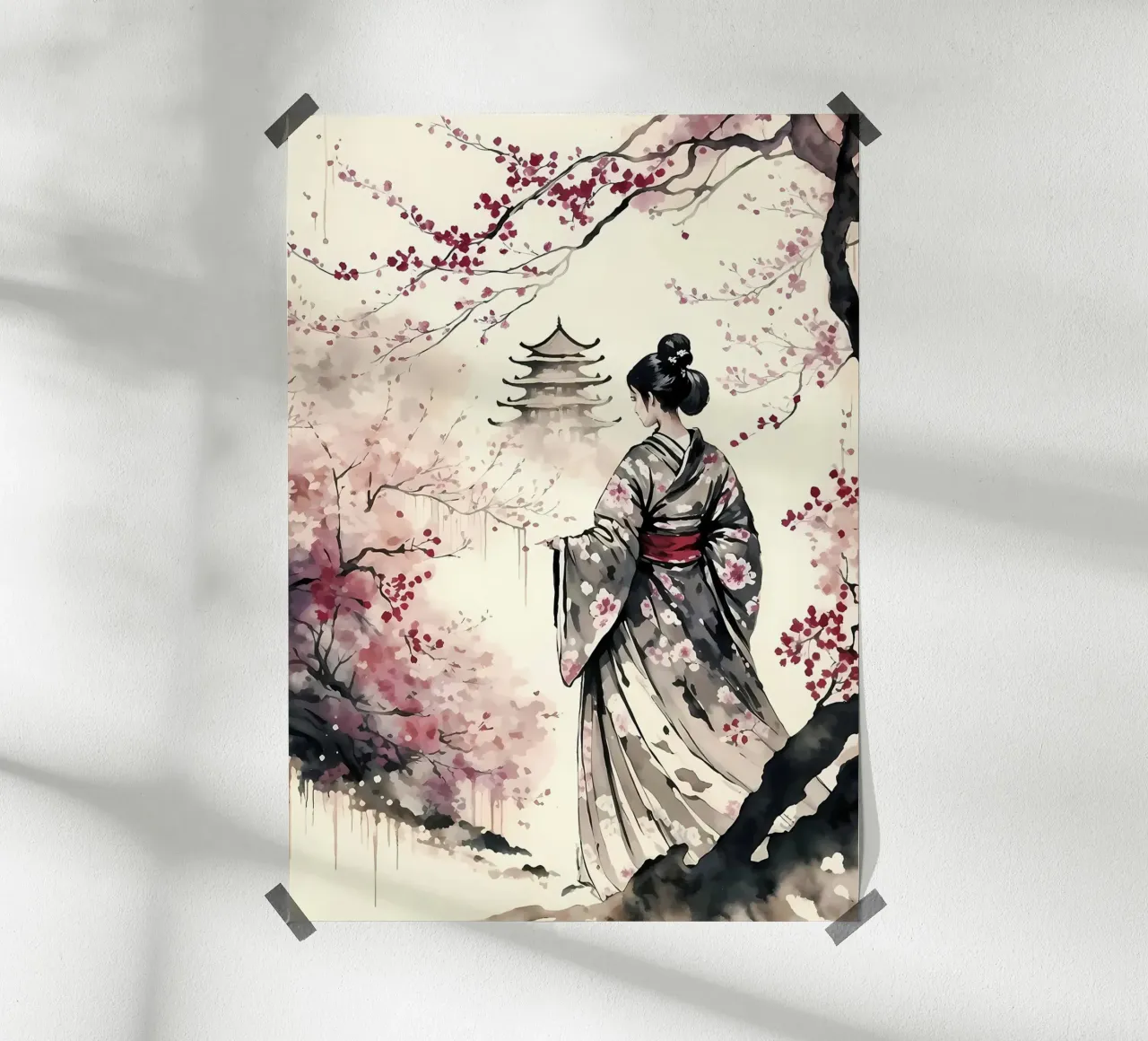 Fiori di ciliegio geisha poster con telaio in plastica da Rebecca Clark Wyrick
