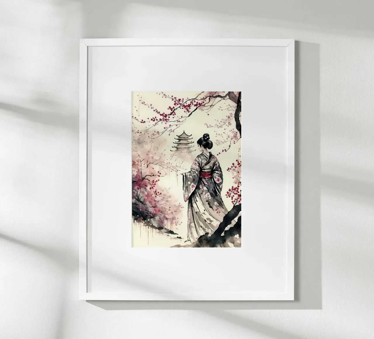 Fiori di ciliegio geisha poster con telaio in plastica da Rebecca Clark Wyrick