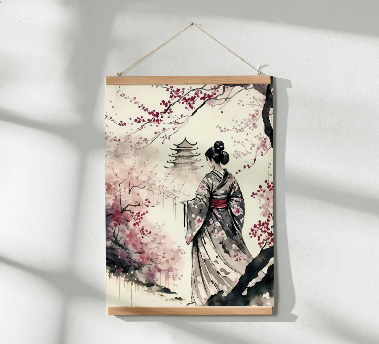 Fiori di ciliegio geisha poster con telaio in plastica da Rebecca Clark Wyrick