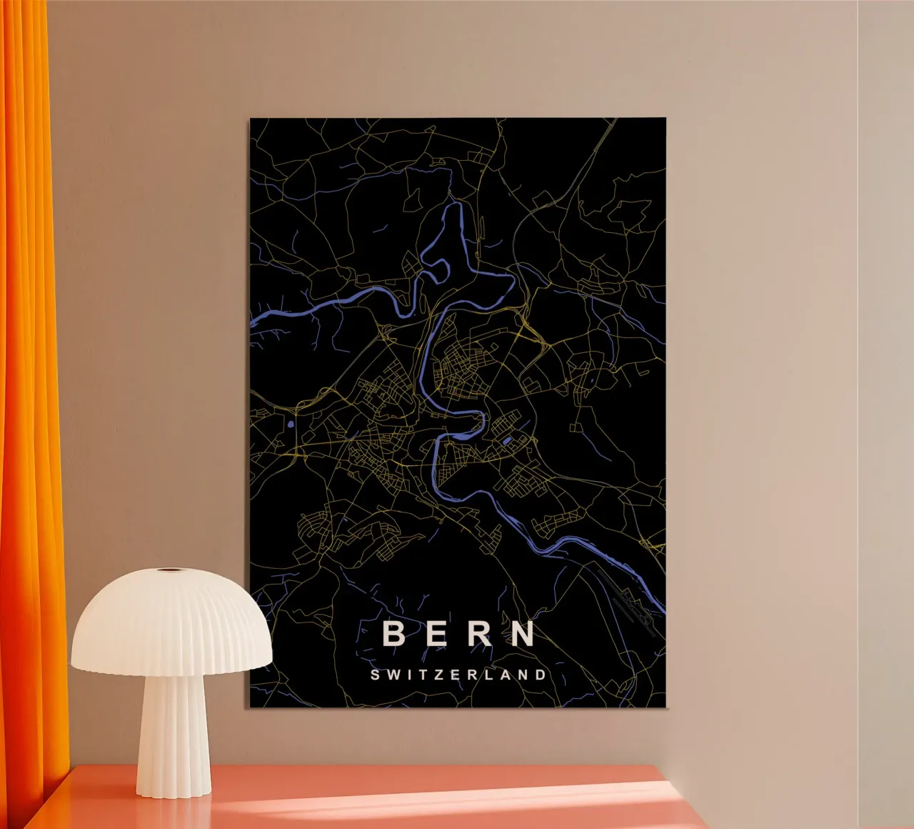 Berna Svizzera Mappa della città in nero e oro poster con telaio in alluminio da Cartographers Library