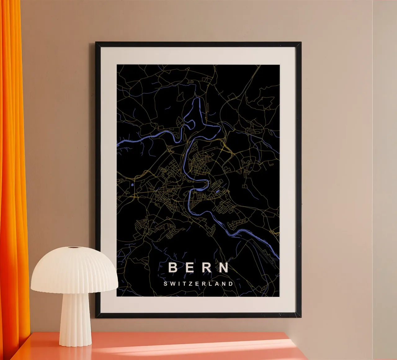 Berna Svizzera Mappa della città in nero e oro poster con telaio in alluminio da Cartographers Library