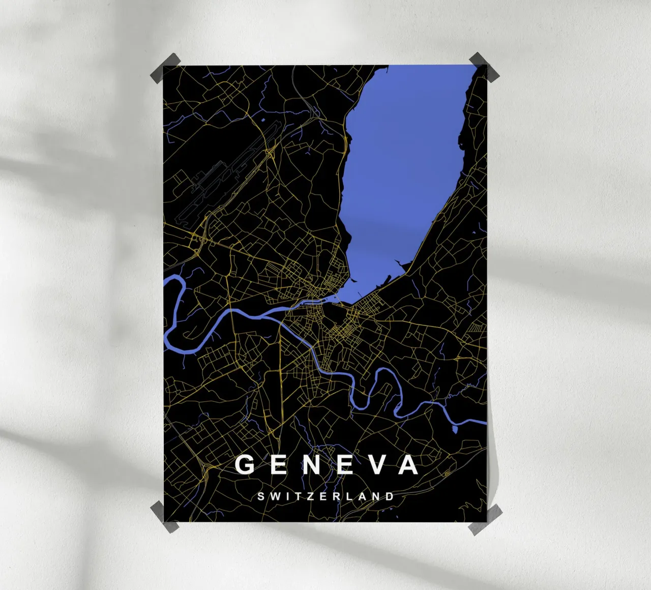 Mappa della città di Ginevra Svizzera Nero e Oro poster con telaio in alluminio da Cartographers Library