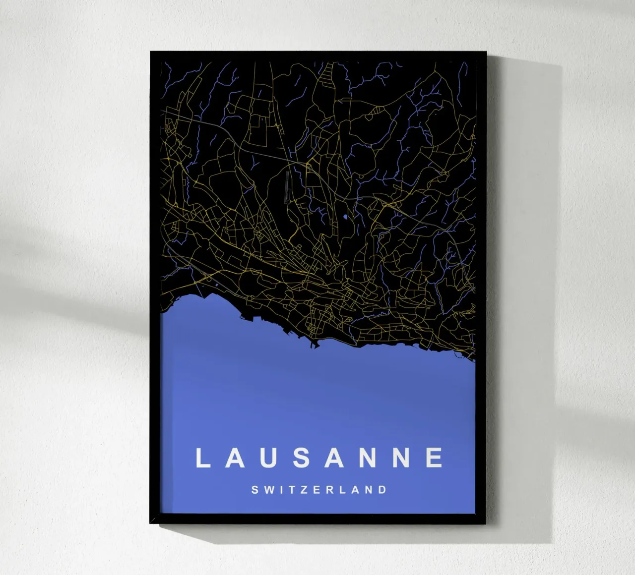 Losanna Svizzera Mappa della città in nero e oro poster con telaio in plastica da Cartographers Library