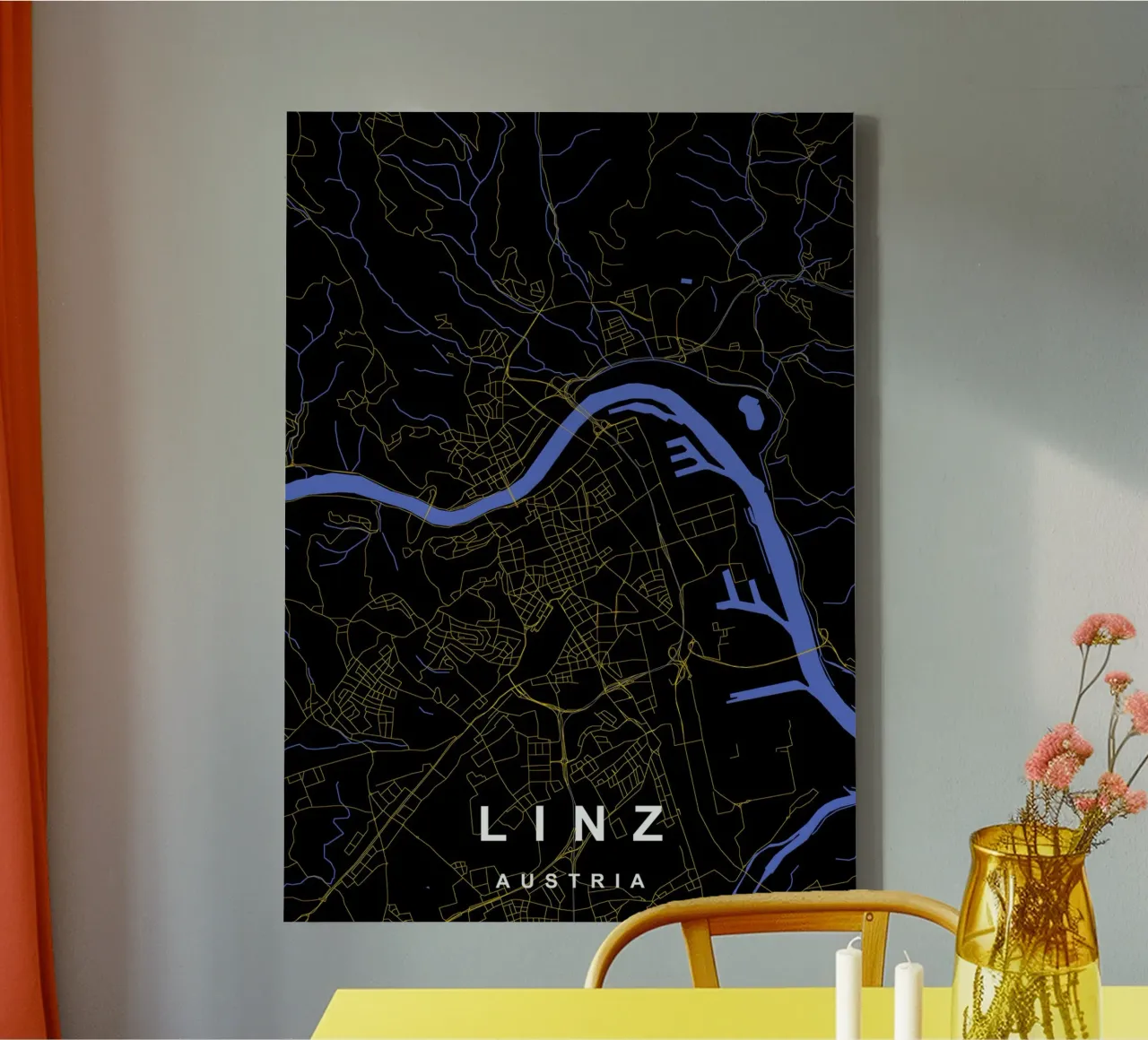 Linz Austria - Mappa della città in nero e oro tela con Cornice a cassetta da Cartographers Library
