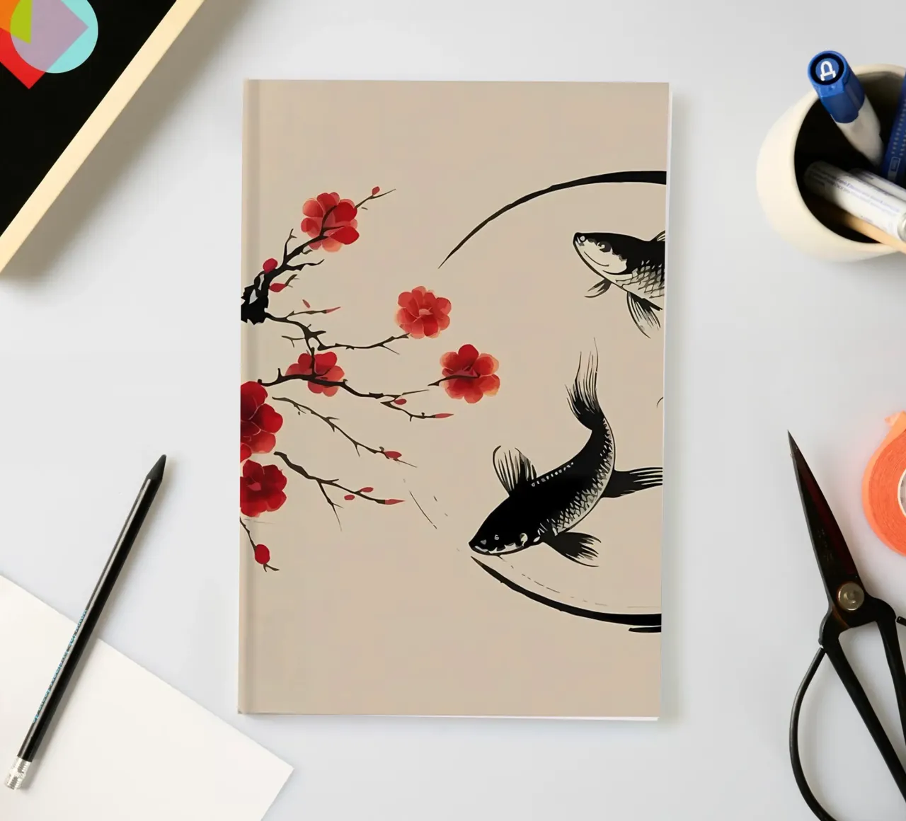 Koi carp fishes and big notebook by Rebecca Clark Wyrick