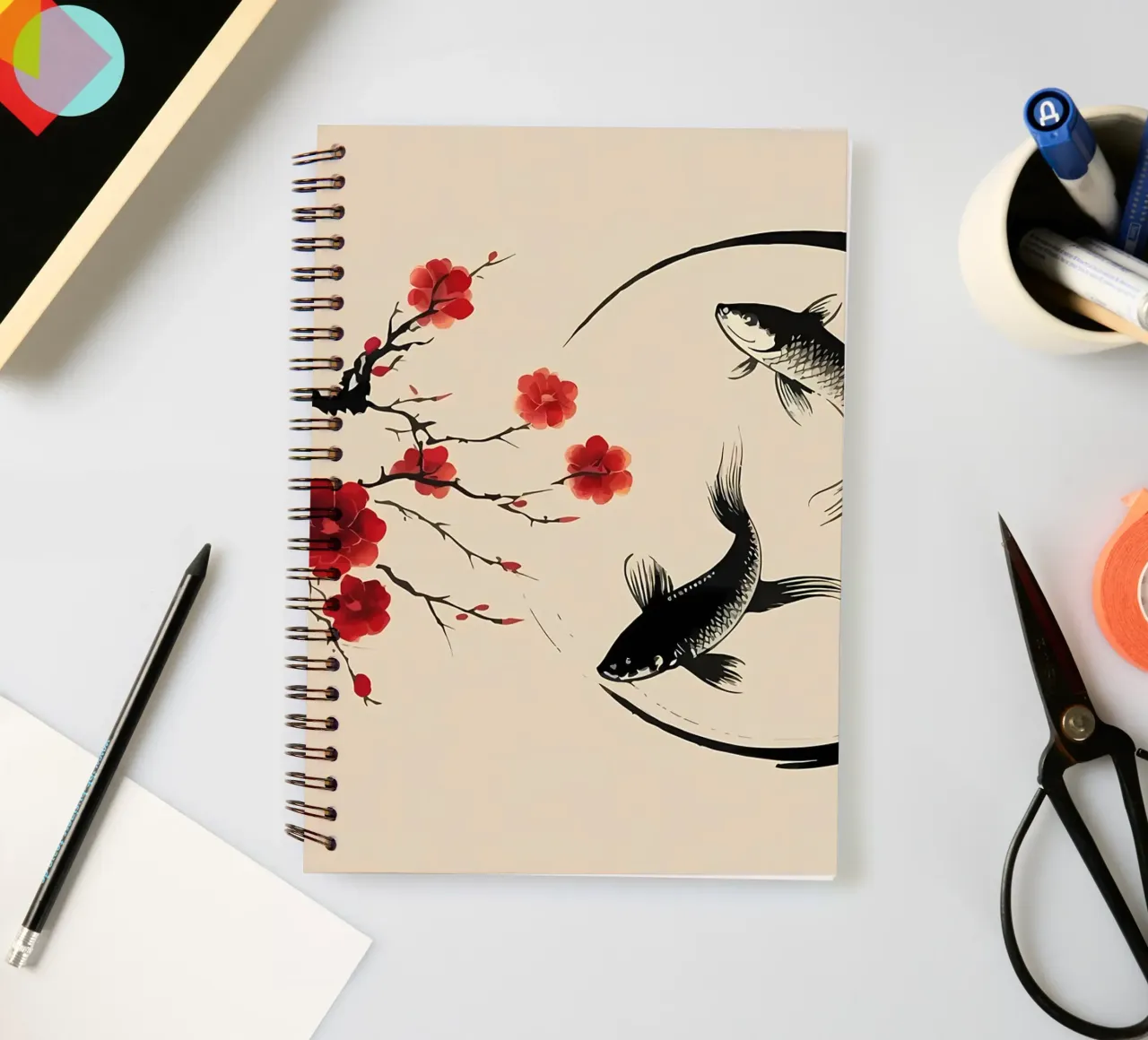 Koi carp fishes and big spiral notebook by Rebecca Clark Wyrick