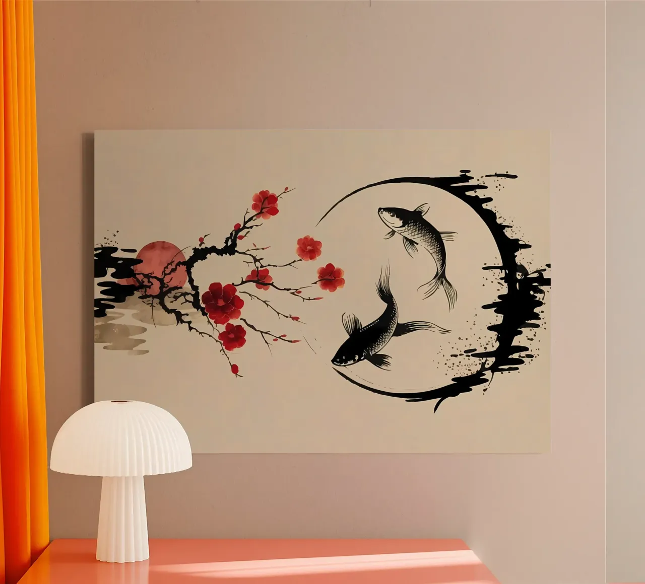 Koi carp fishes and big canvas by Rebecca Clark Wyrick