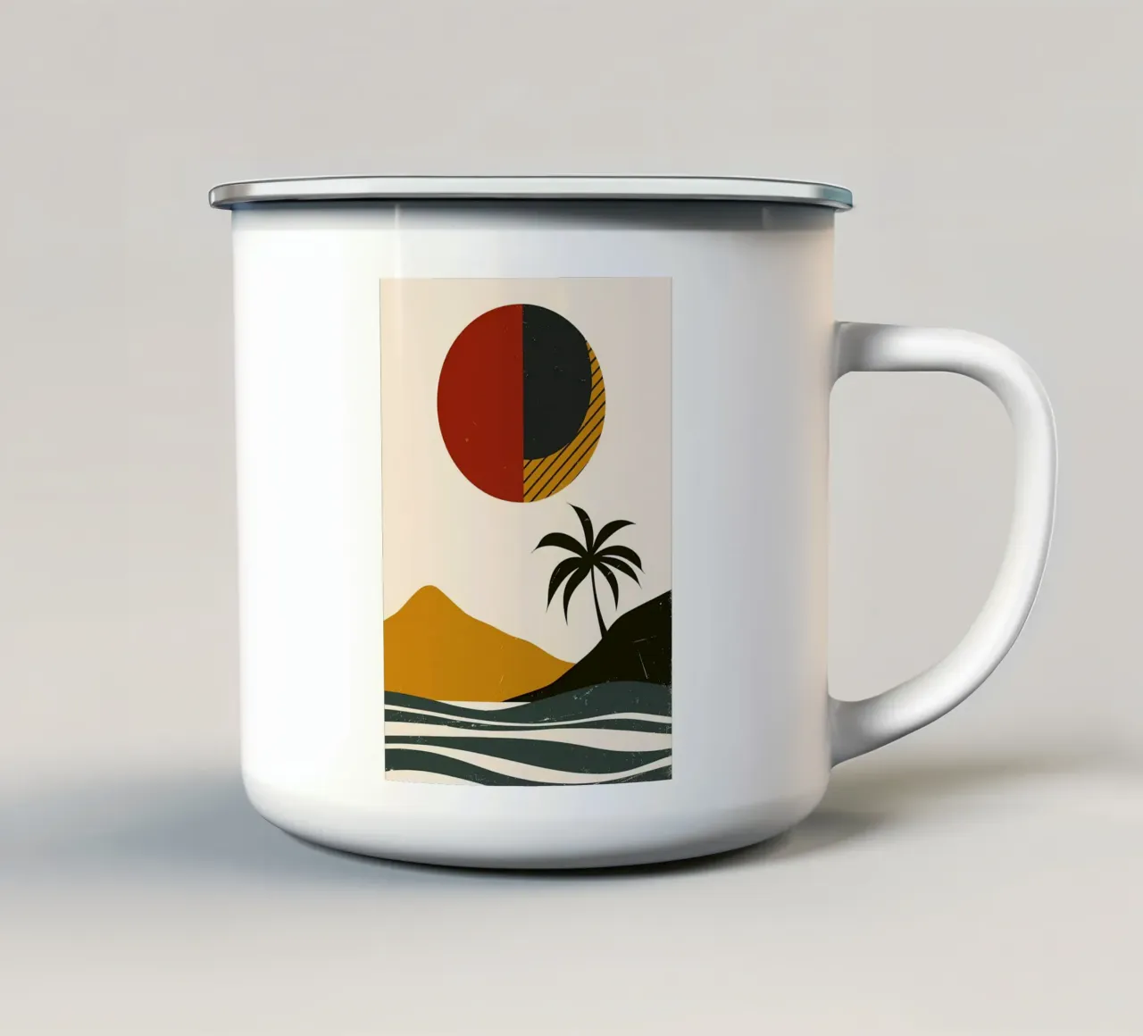 Oasi di metà secolo al tramonto tazza in smalto da James M Coyle