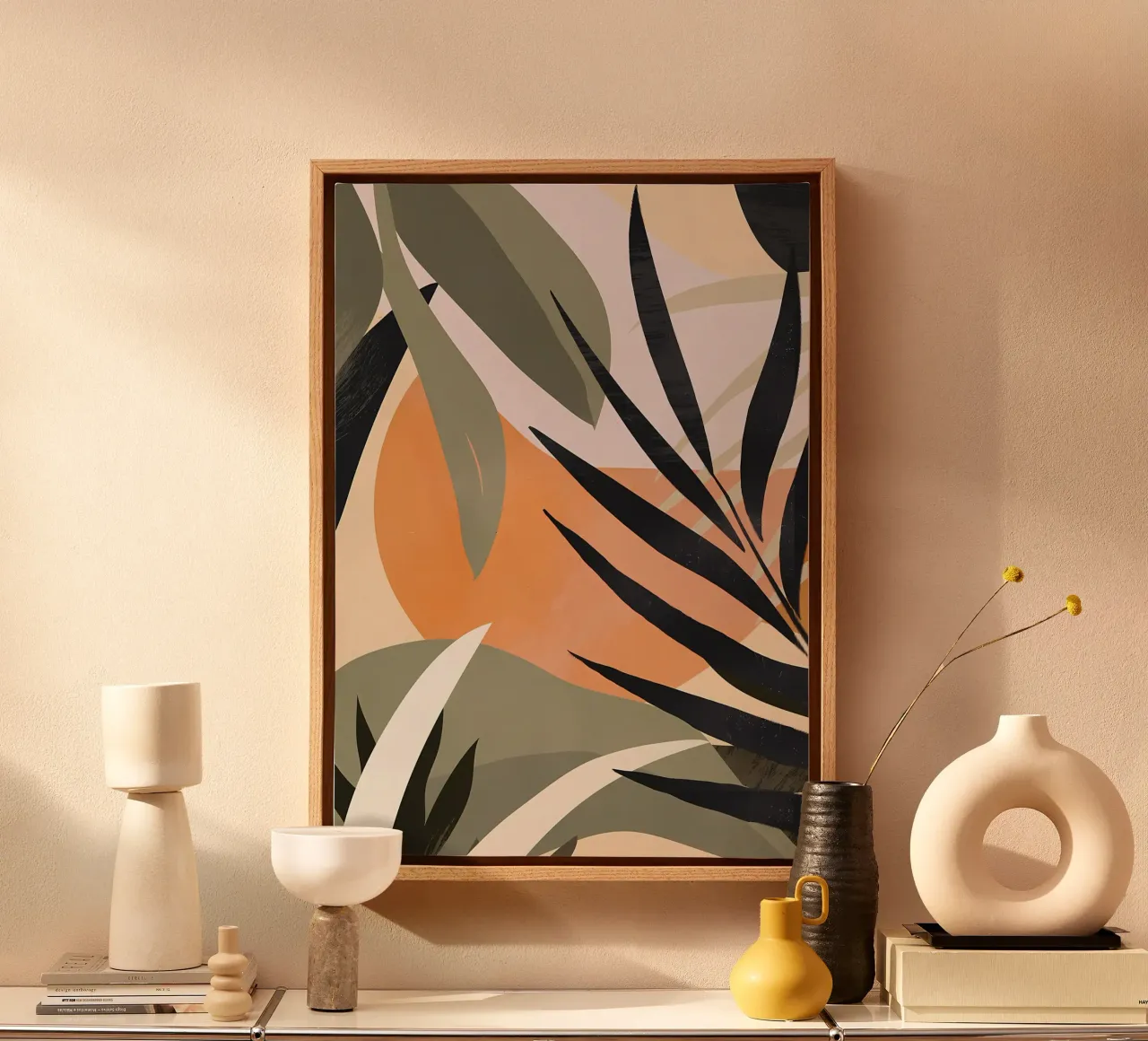Abstracte kunst tropische bladeren 2 canvas met Baklijst van Rebecca Clark Wyrick