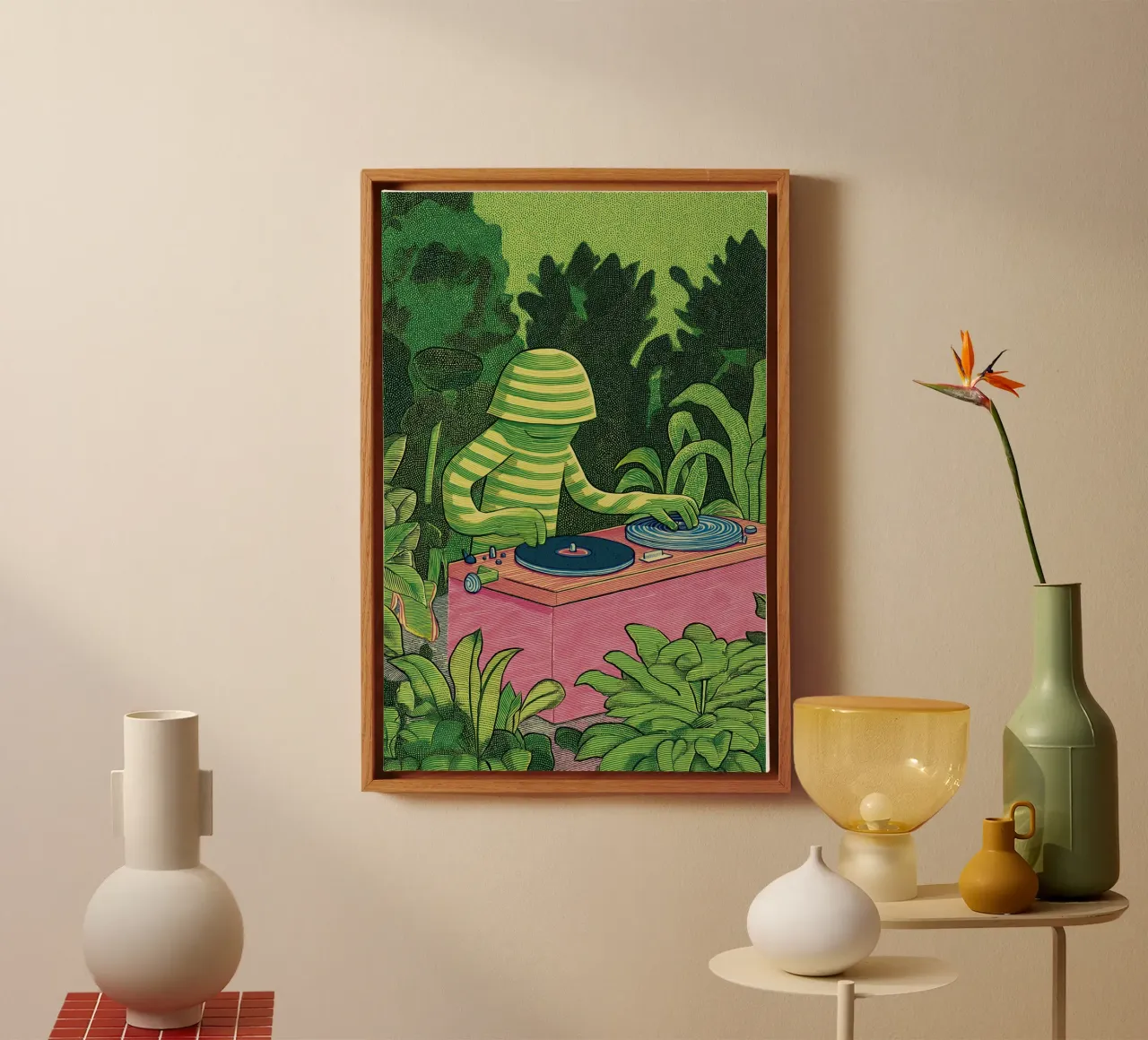 Foglie botaniche - Arte verde tropicale tranquilla e stravagante tela con Cornice a cassetta da Kaji