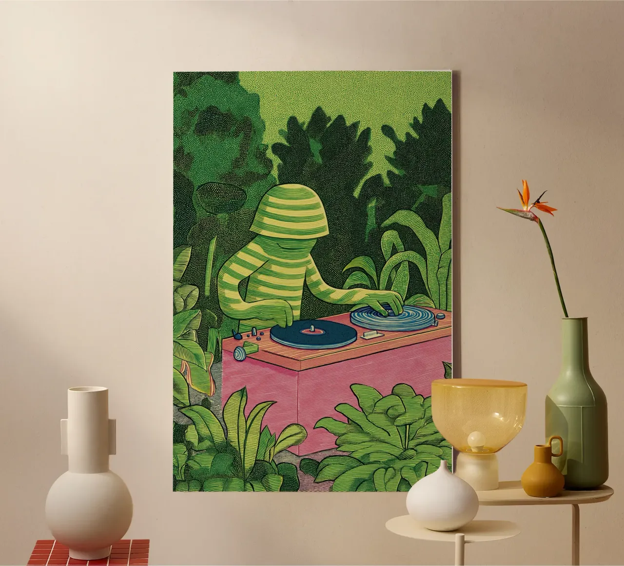 Foglie botaniche - Arte verde tropicale tranquilla e stravagante tela con Cornice a cassetta da Kaji