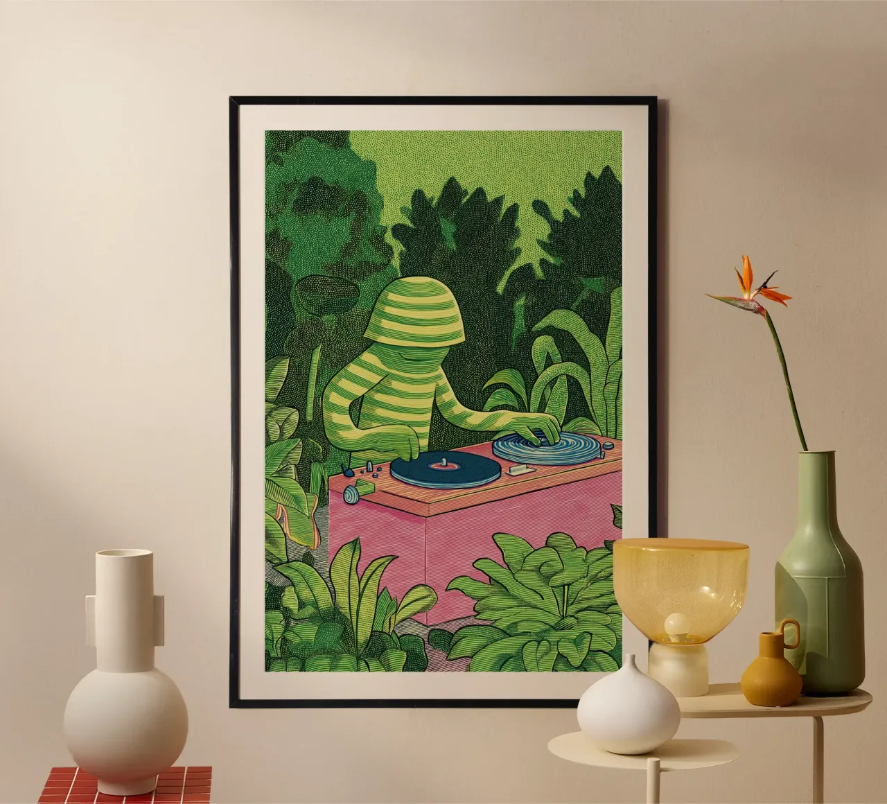 Foglie botaniche - Arte verde tropicale tranquilla e stravagante poster da Kaji