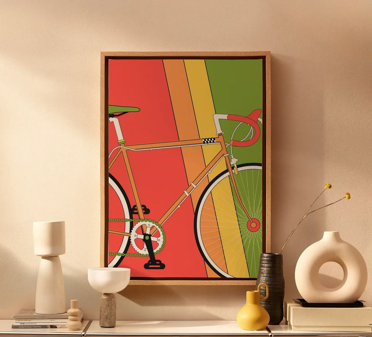 Retro Bicycle Illustration Colorful canvas with Floater frame by Albert S Jacob