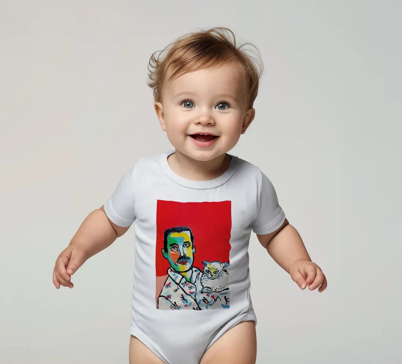 Freddy and Cat short-sleeve baby romper by Blanca Nuñez Pozuelo