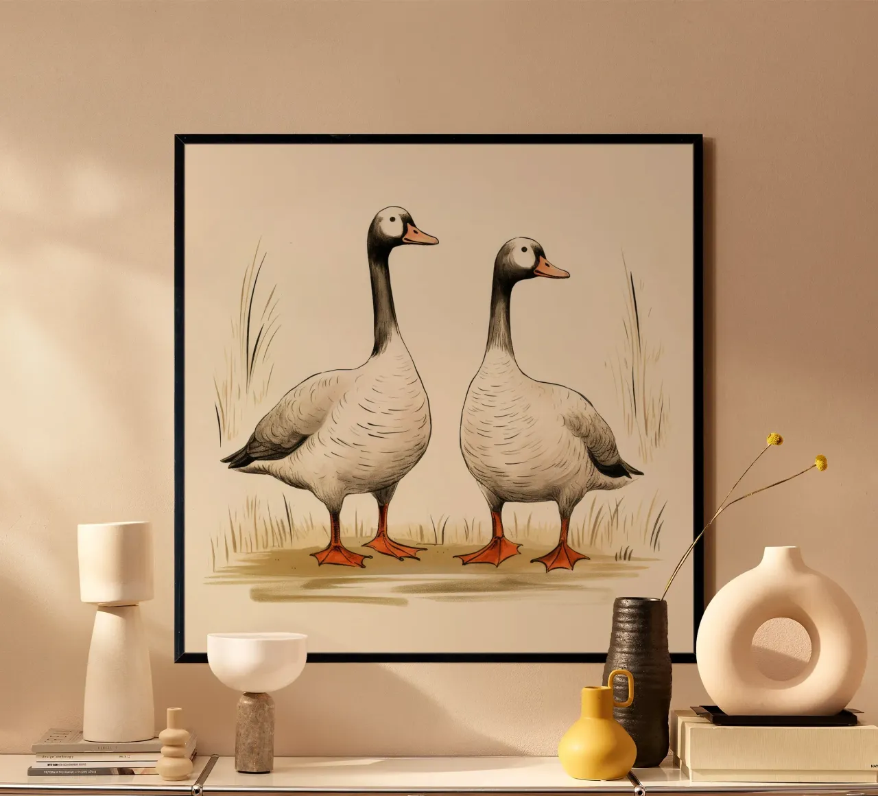 Retro Goose Duo poster con telaio in alluminio da Funny Animals