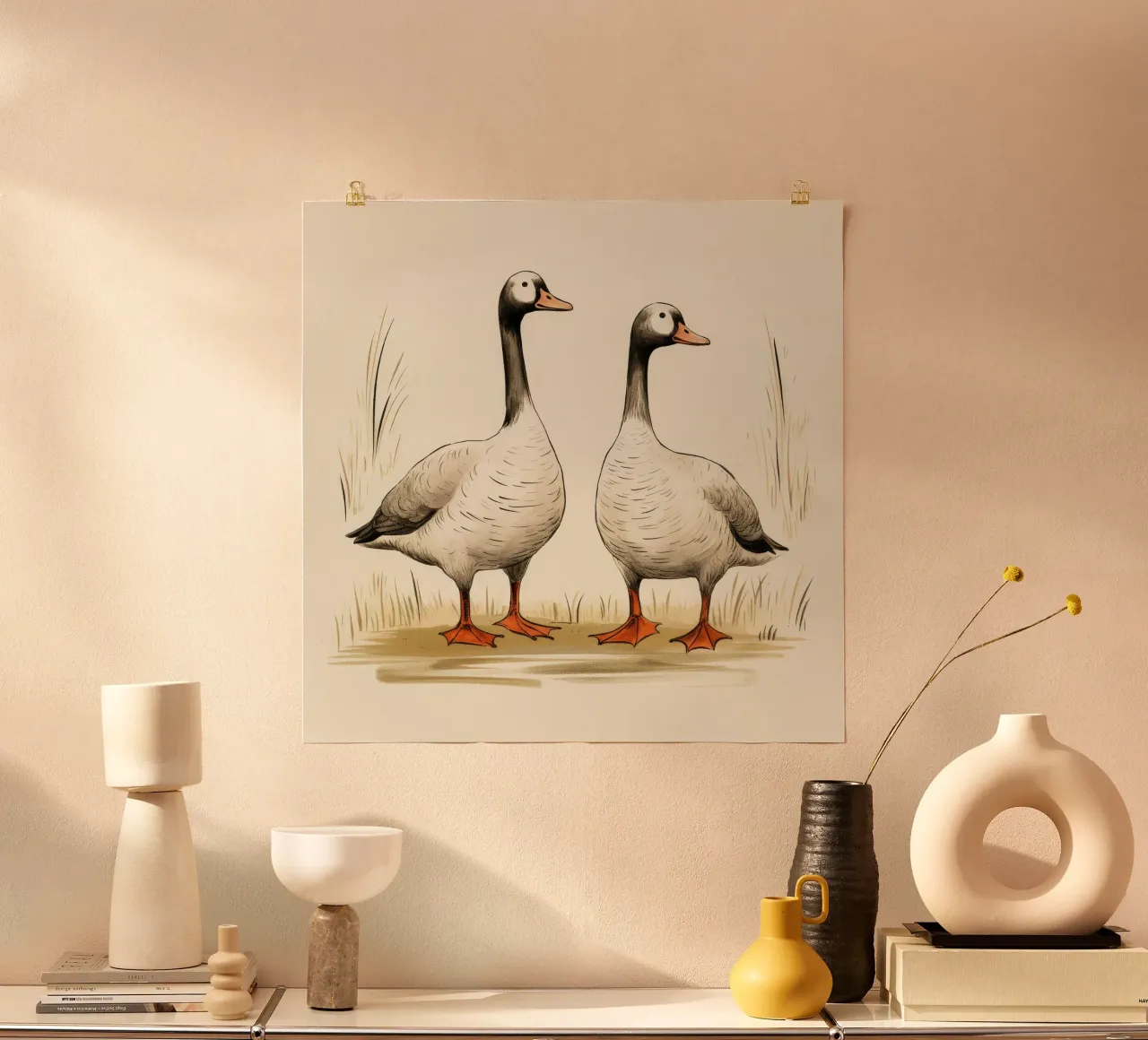 Retro Goose Duo poster con telaio in alluminio da Funny Animals