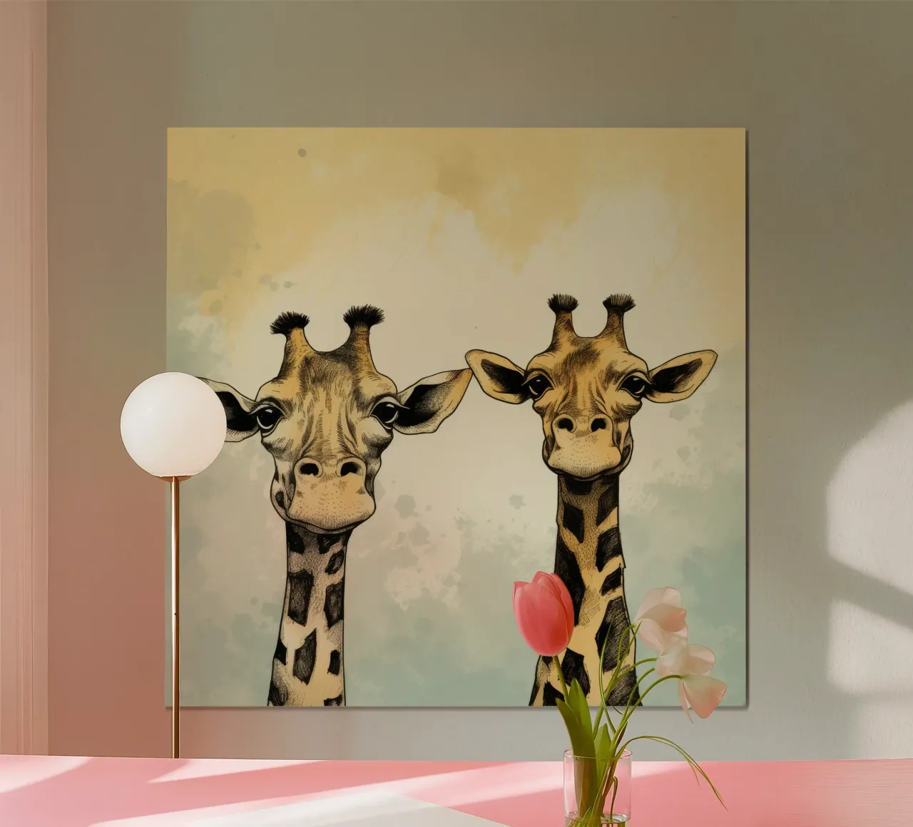 Cartoni animati retrò divertenti Giraffe carine poster con telaio in alluminio da Funny Animals