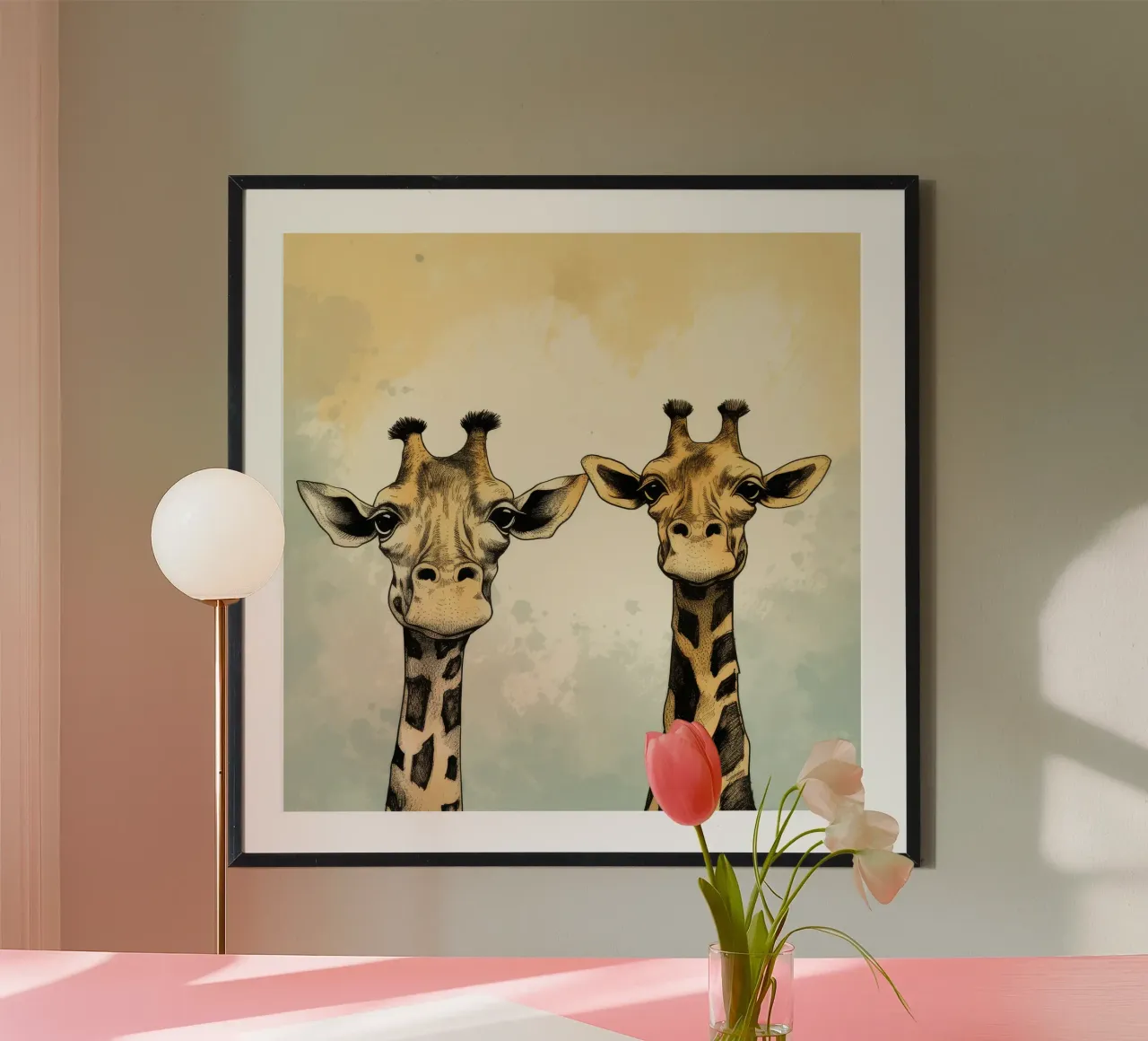 Cartoni animati retrò divertenti Giraffe carine poster con telaio in alluminio da Funny Animals