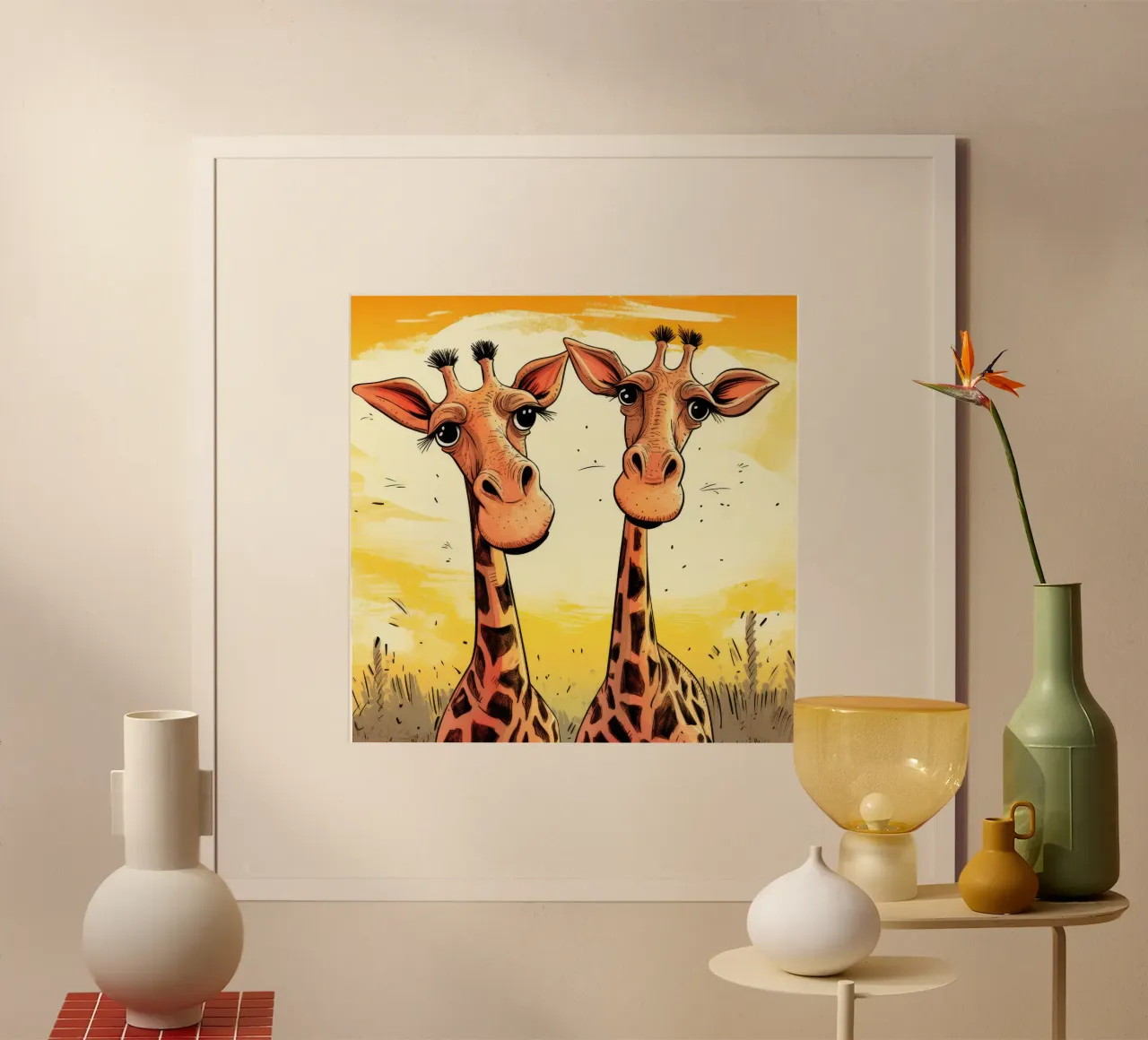 Retro Giraffe Duo poster con telaio in plastica da Funny Animals