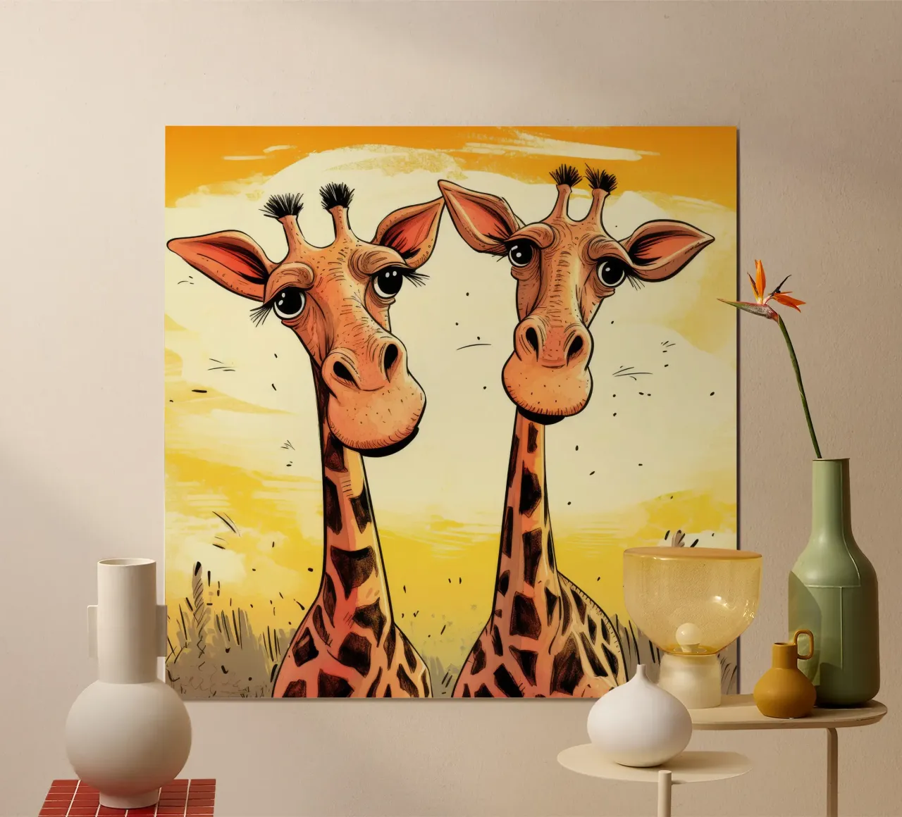 Retro Giraffe Duo poster con telaio in plastica da Funny Animals