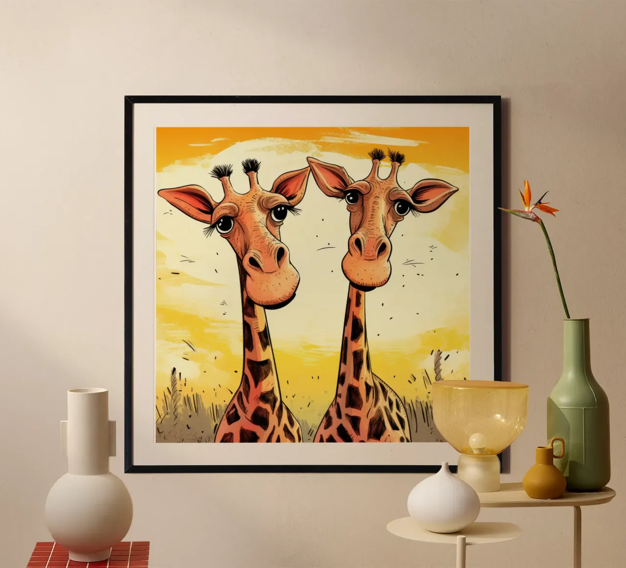 Retro Giraffe Duo poster con telaio in plastica da Funny Animals