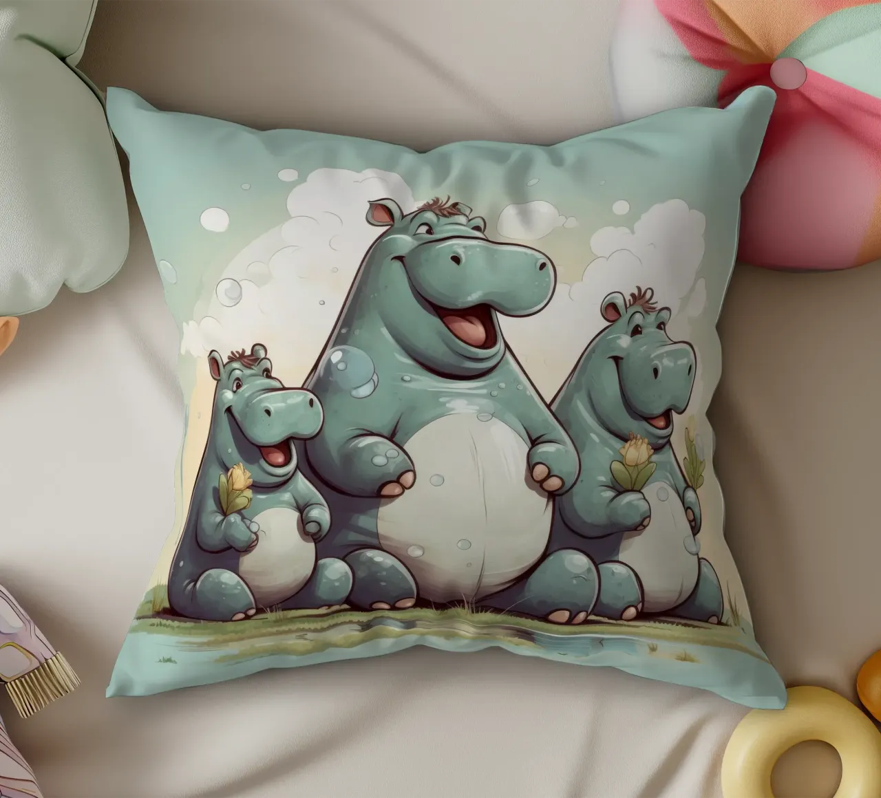 Retro Hippo Gang cuscino da Funny Animals