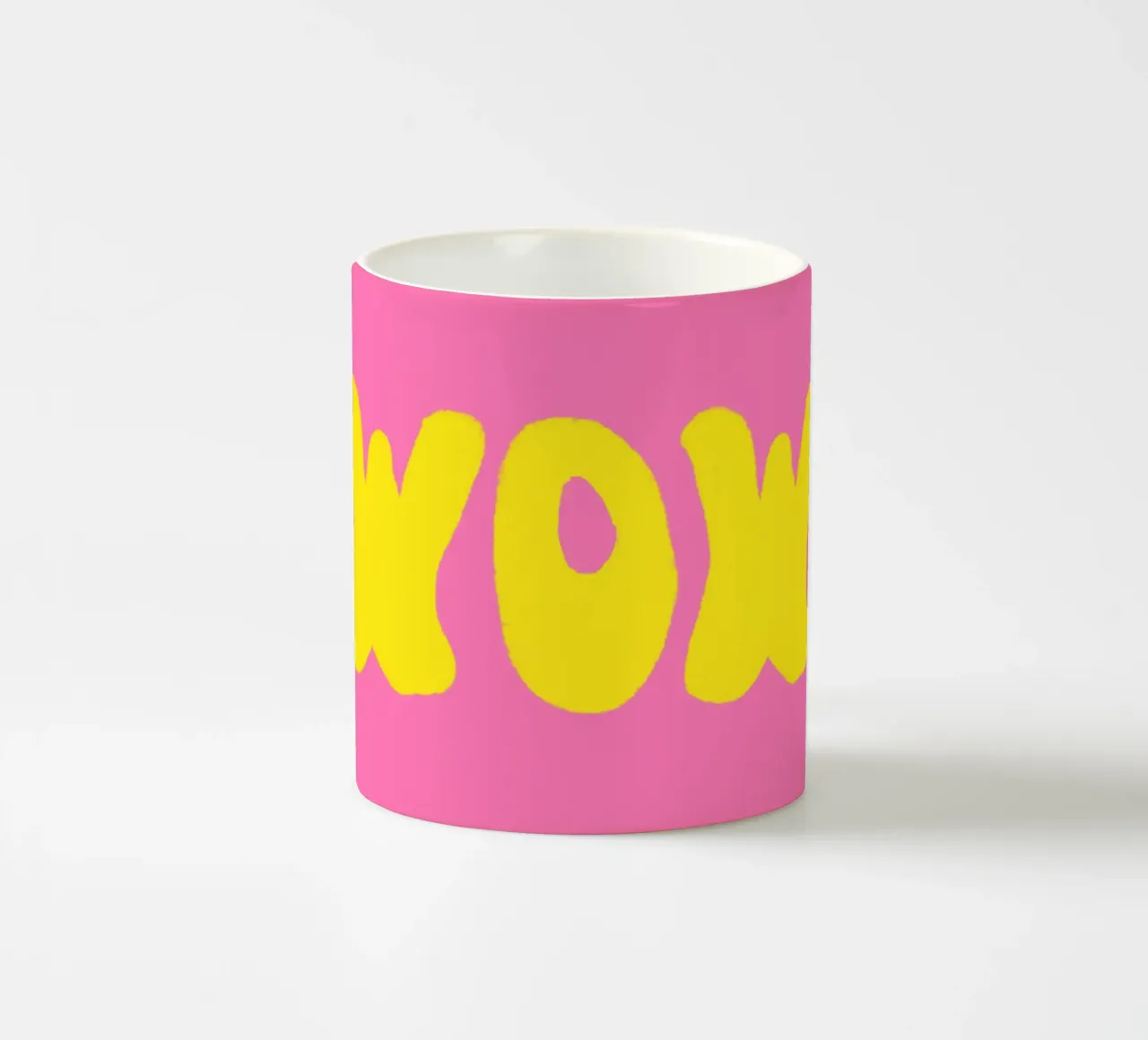 WOW lettering yellow on pink ceramic mug by Alisa Knöß