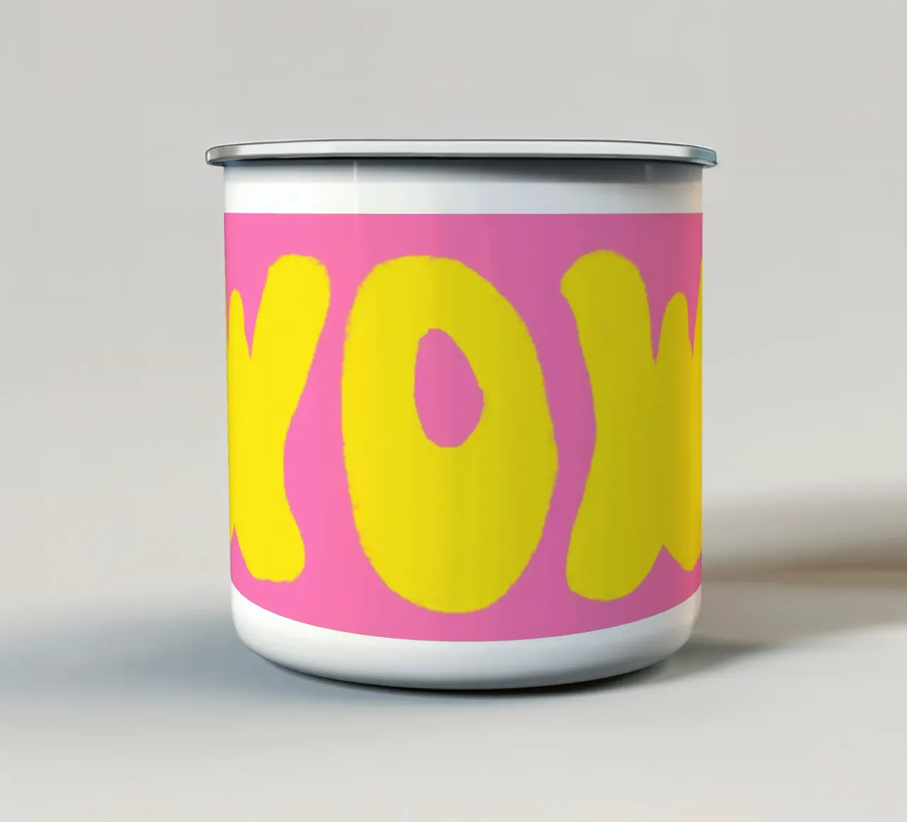 WOW lettering yellow on pink enamel mug by Alisa Knöß