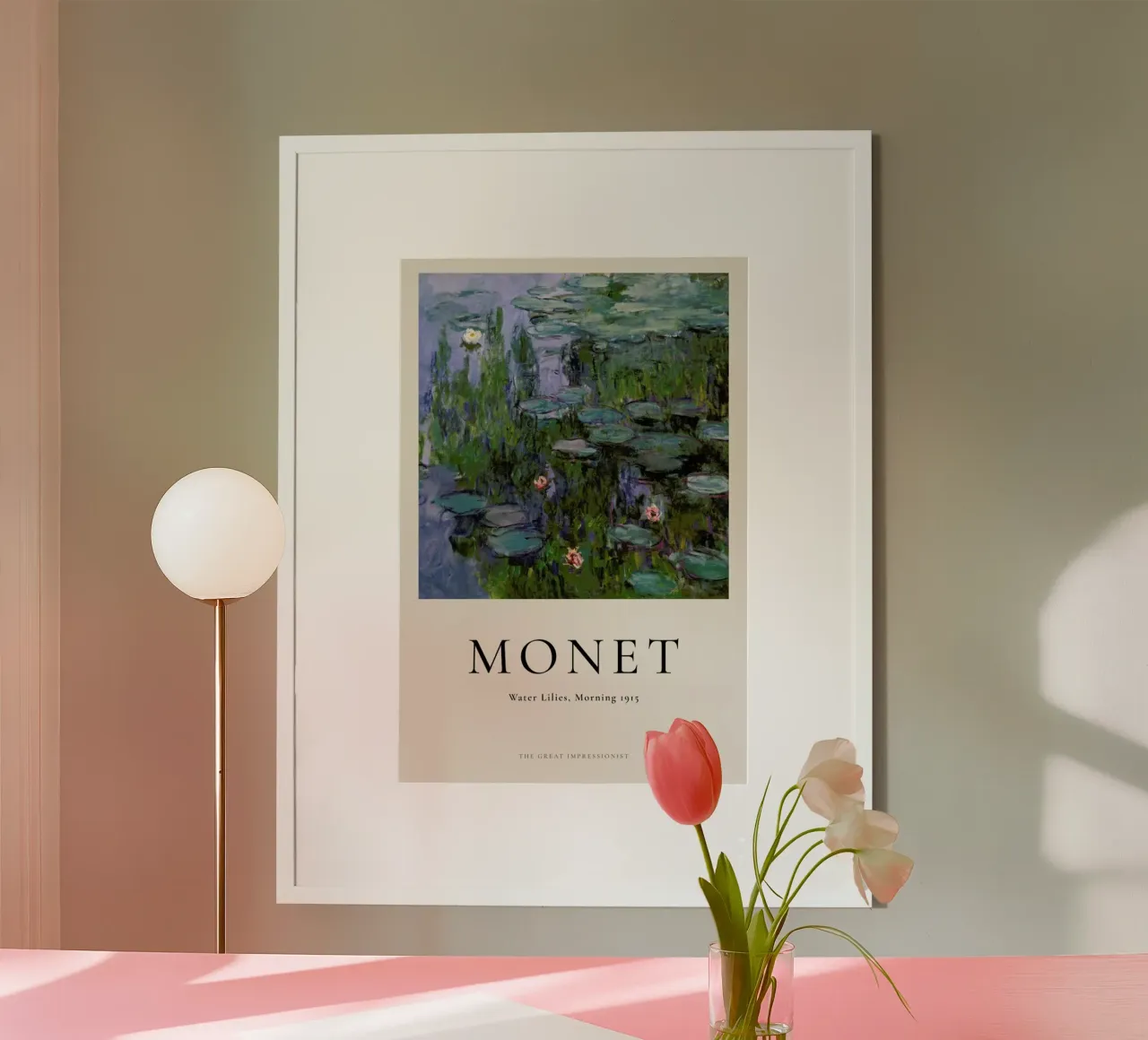 Monet - Water Lilies, Morning poster con telaio in plastica da ARTOTHEK