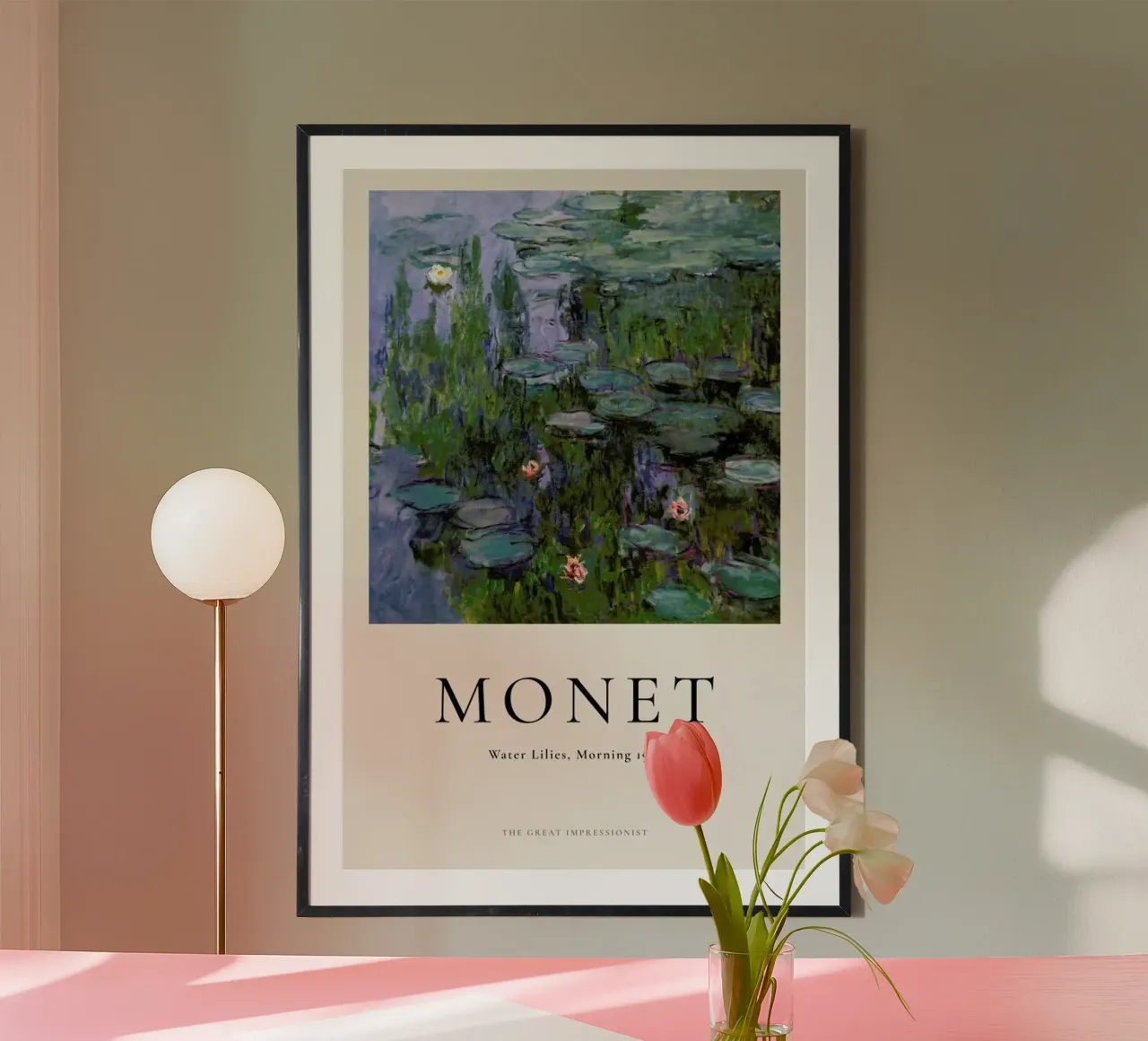 Monet - Water Lilies, Morning poster con telaio in plastica da ARTOTHEK