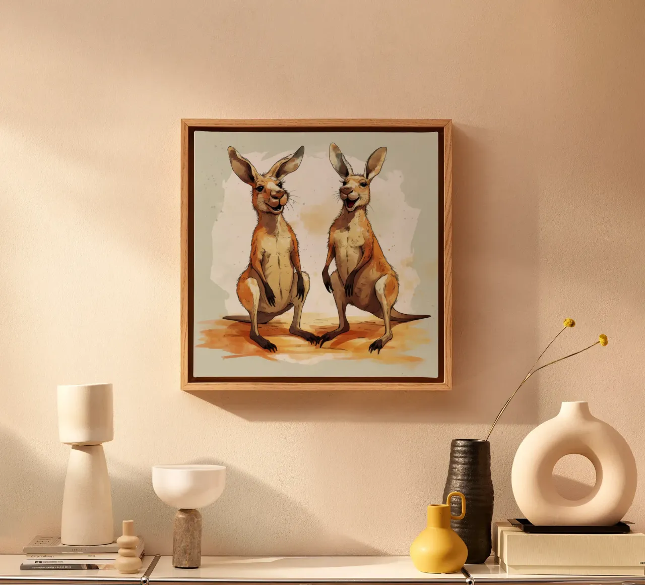 Retro Känguru Duo Leinwand mit Schattenfugenrahmen von Funny Animals