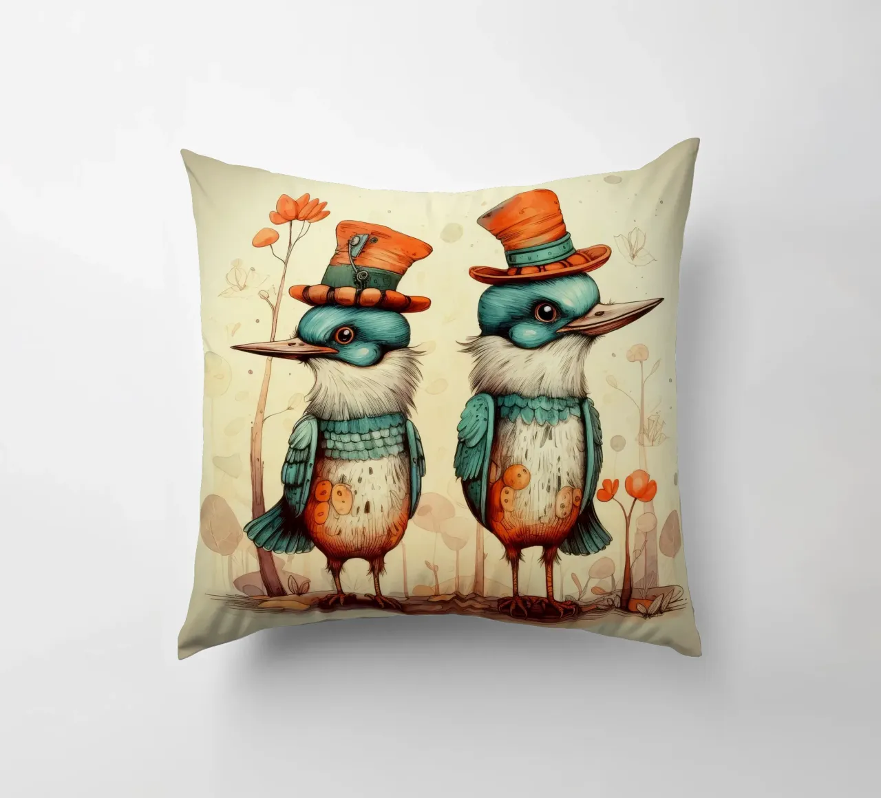 Retro Kingfisher Duo decorative cushion by Funny Animals