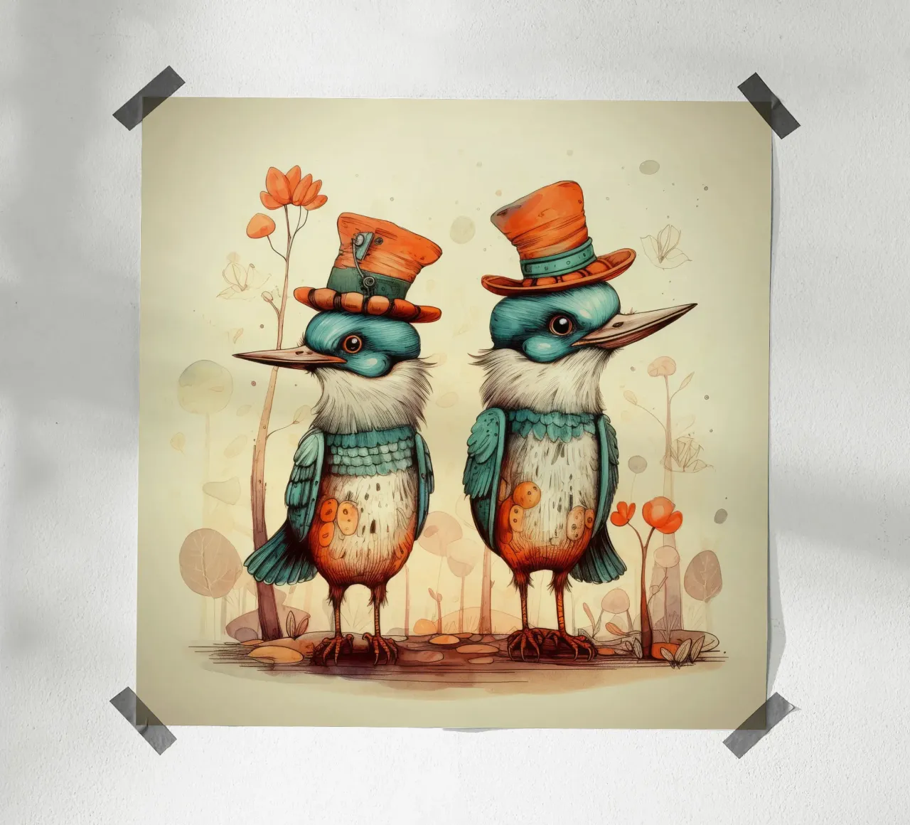 Duo di martin pescatore retrò poster con telaio in alluminio da Funny Animals