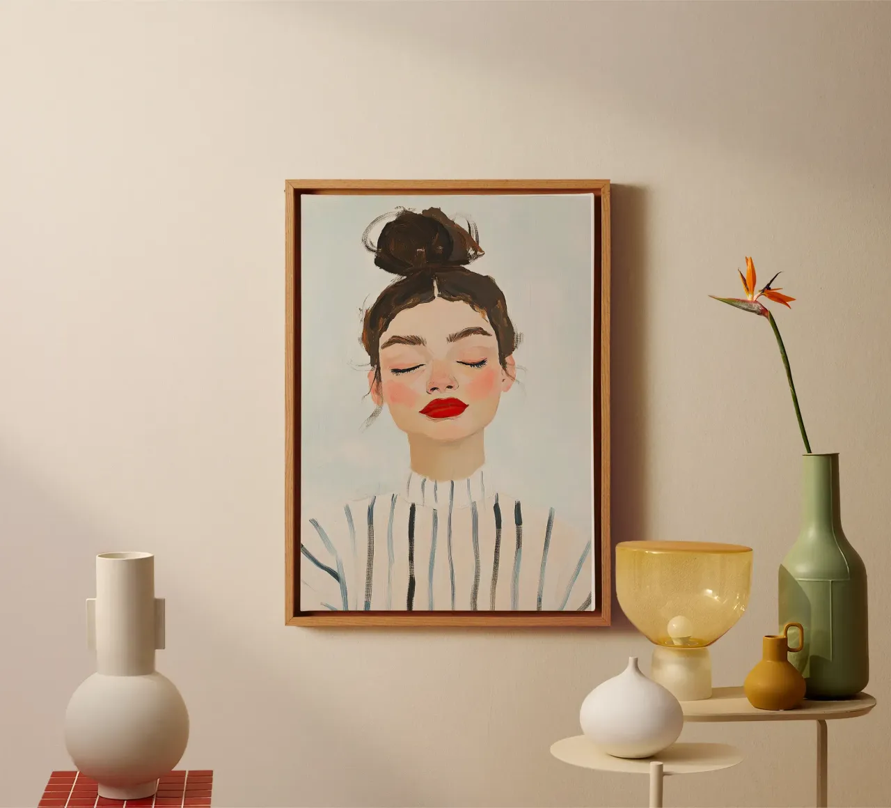 Delicate portrait of a girl with a bun canvas with Floater frame by Euphoria Theresa
