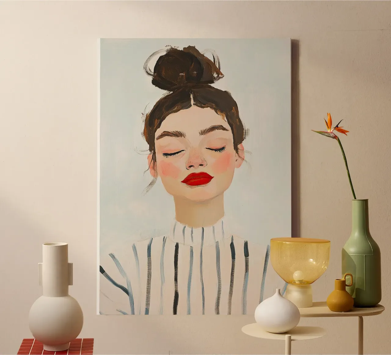 Delicate portrait of a girl with a bun canvas with Floater frame by Euphoria Theresa