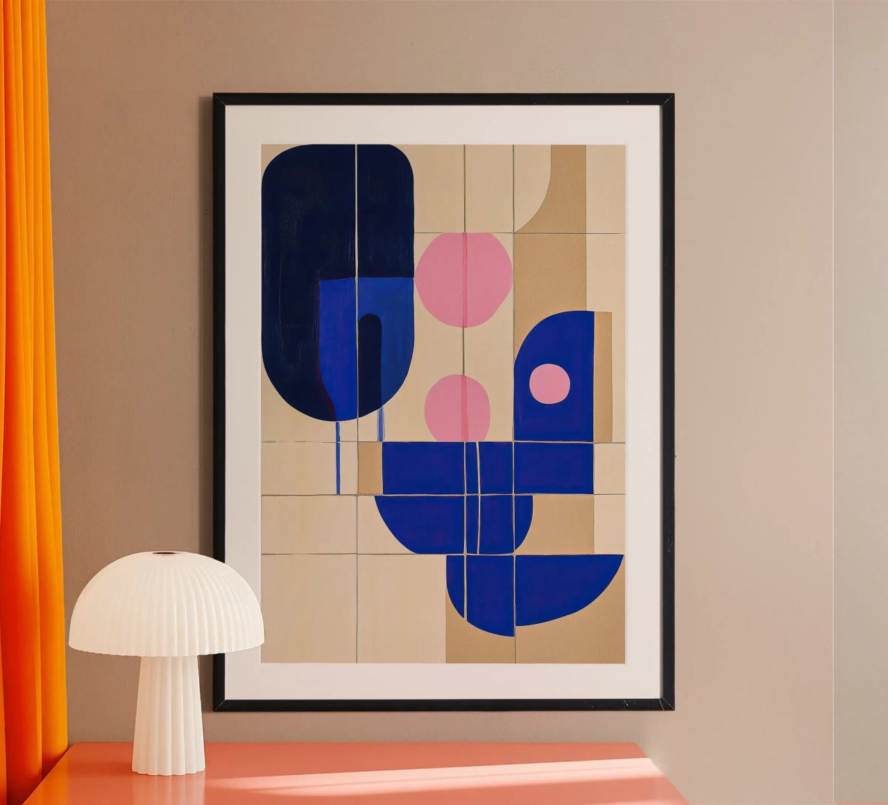 Play of shapes in blue - Abstract gouache painting on cream poster by Euphoria Theresa