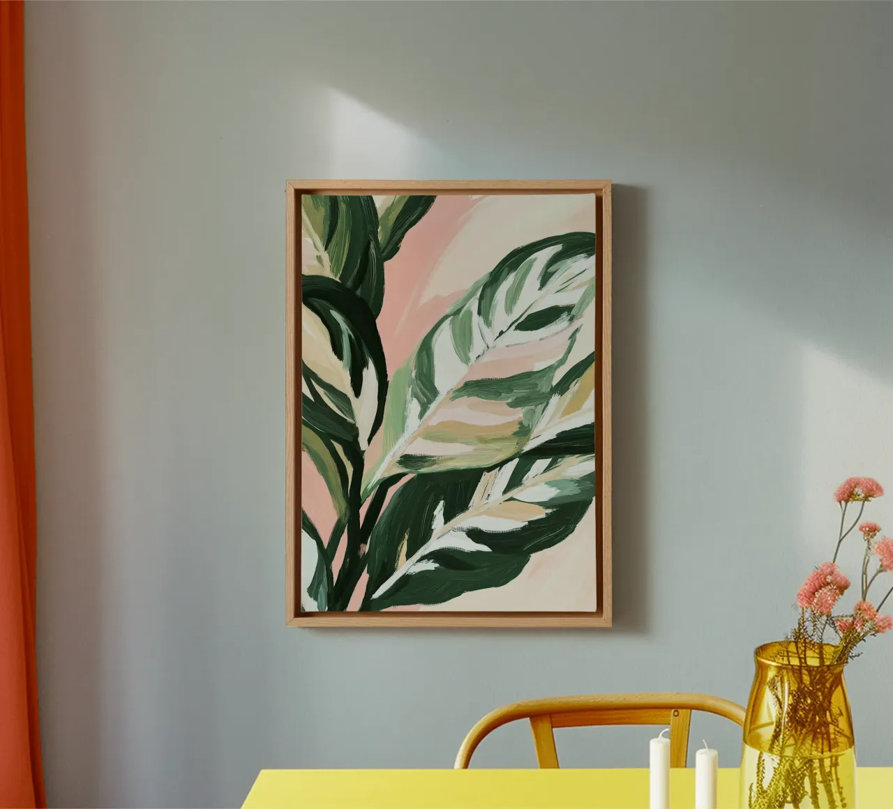 Groene rust - Calatheabladeren op een lichtroze achtergrond canvas met Baklijst van Euphoria Theresa