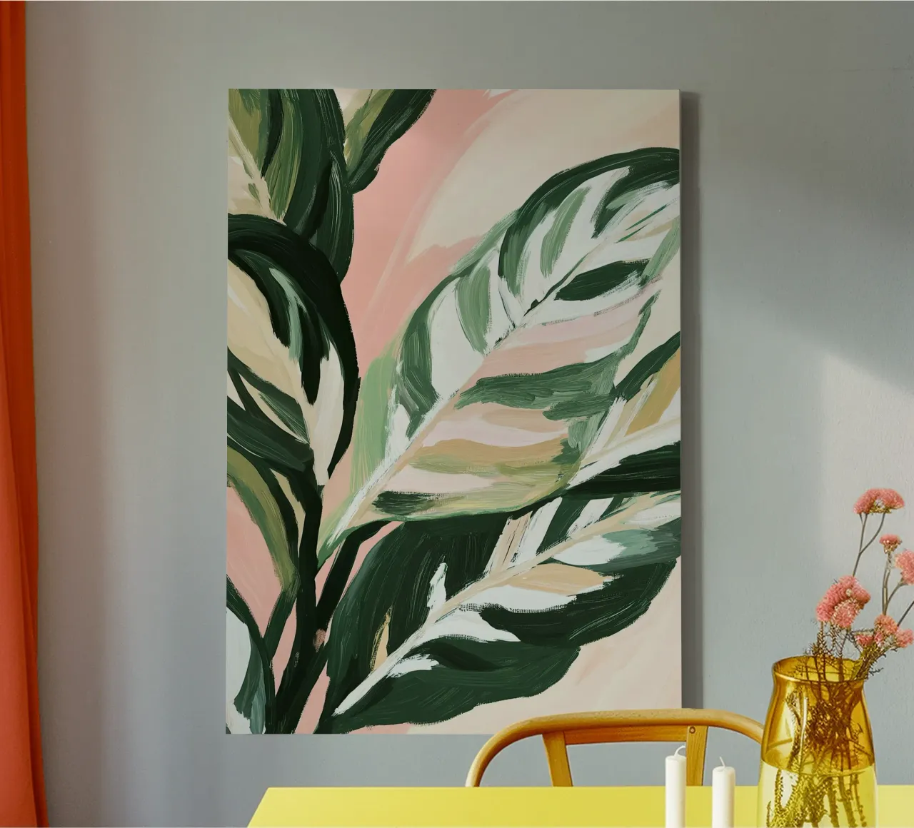 Groene rust - Calatheabladeren op een lichtroze achtergrond canvas met Baklijst van Euphoria Theresa