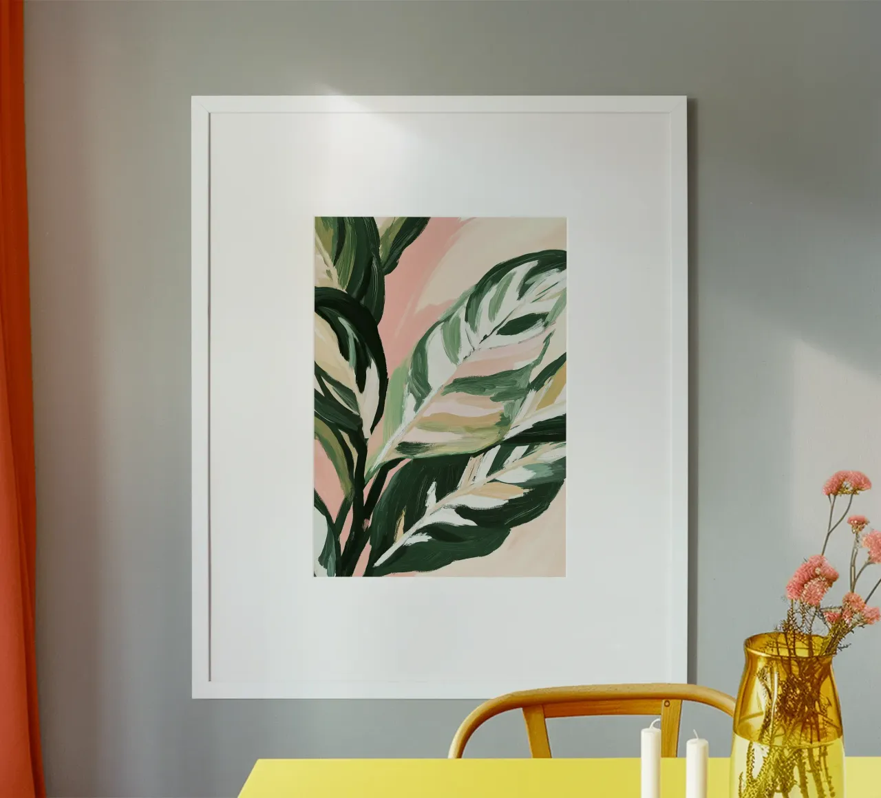 Grüne Ruhe – Calathea-Blätter auf zartrosa Hintergrund Hahnemühle von Euphoria Theresa