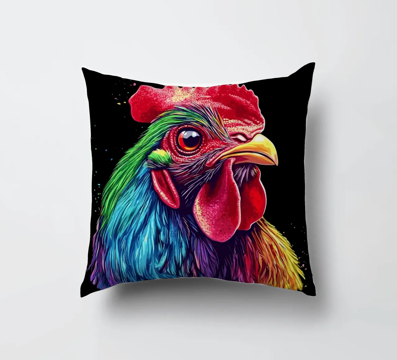 Rodilandro rosso con piume arcobaleno cuscino da pixelbull - medieval art and more