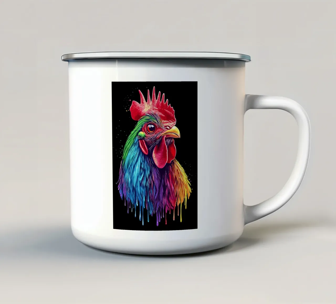 Rodilandro rosso con piume arcobaleno tazza in smalto da pixelbull - medieval art and more