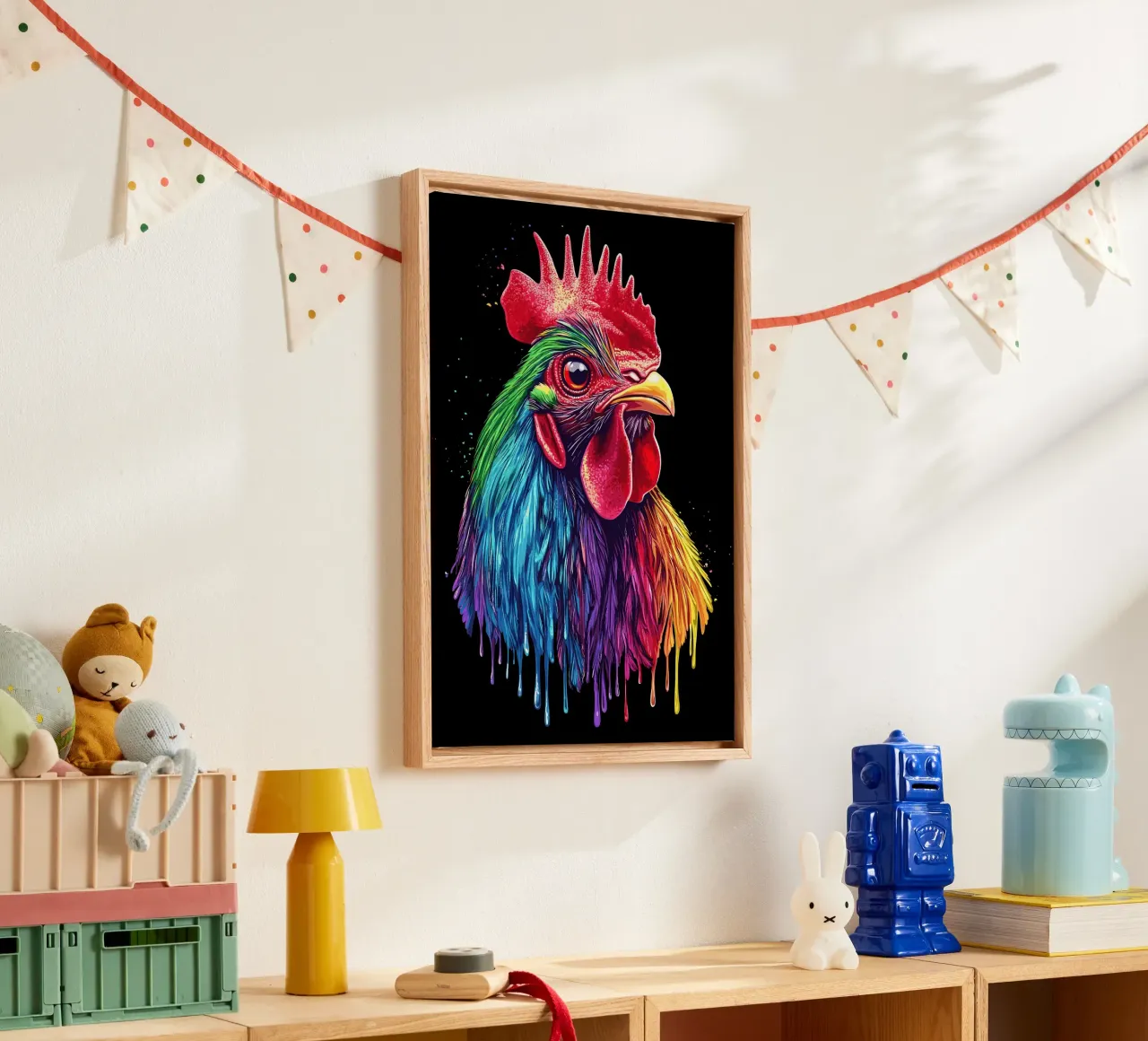 Red rhodelander with rainbow feathers canvas with Floater frame by pixelbull - medieval art and more