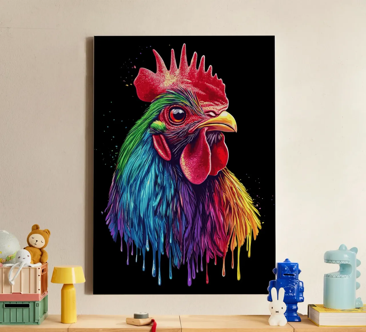 Red rhodelander with rainbow feathers canvas with Floater frame by pixelbull - medieval art and more