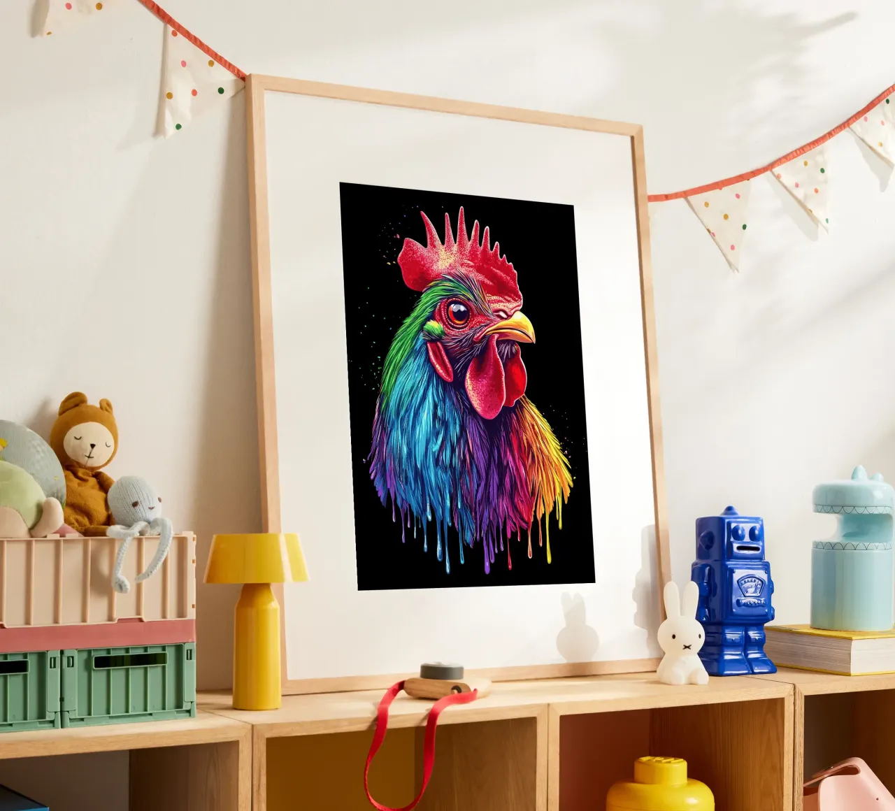 Rodilandro rosso con piume arcobaleno carta hahnemühle da pixelbull - medieval art and more