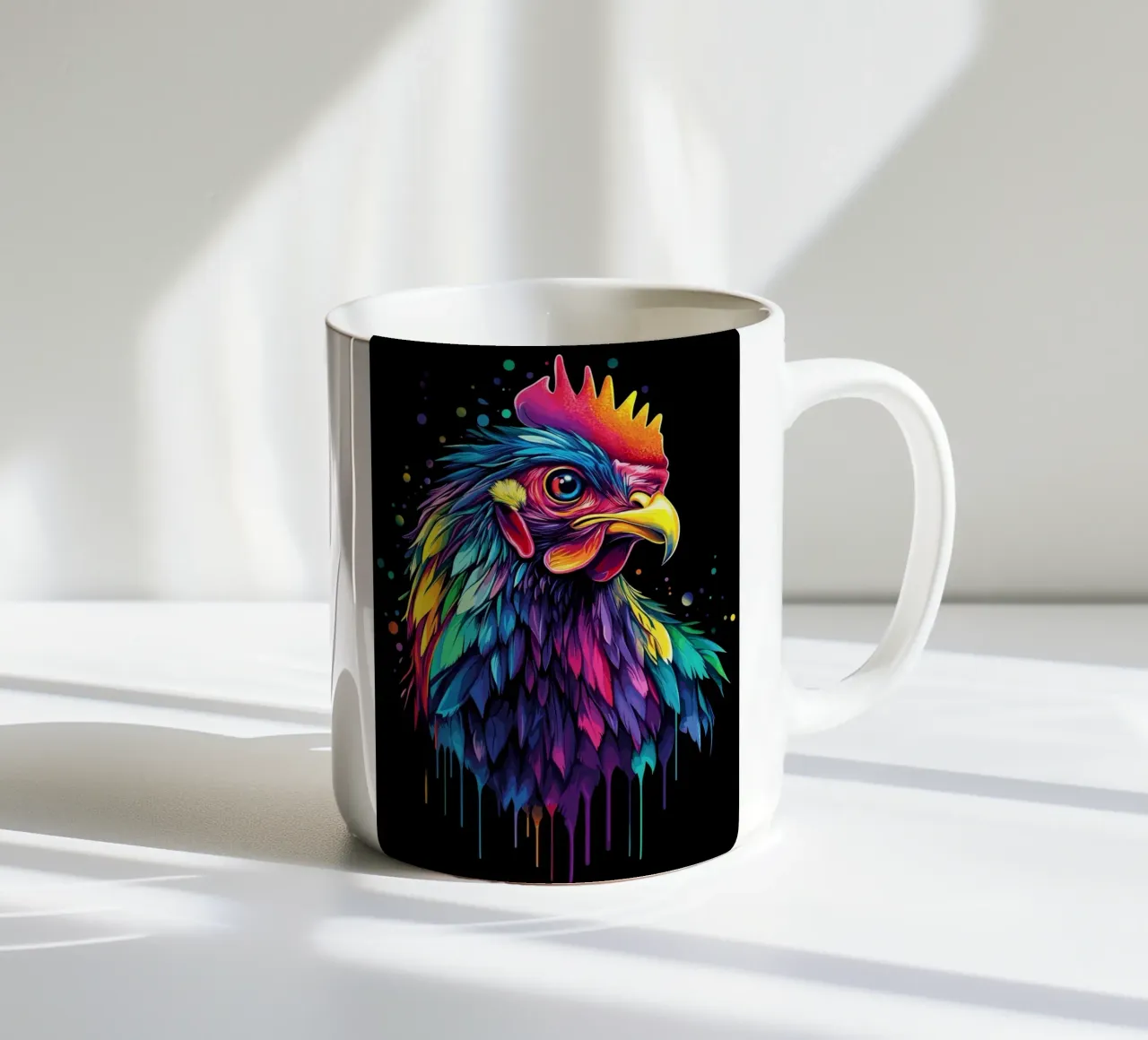 Un gallo maestoso con un'esplosione di colori tazza in ceramica da pixelbull - medieval art and more